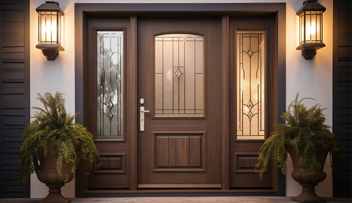 Teak Door Design with Glass Side Panels